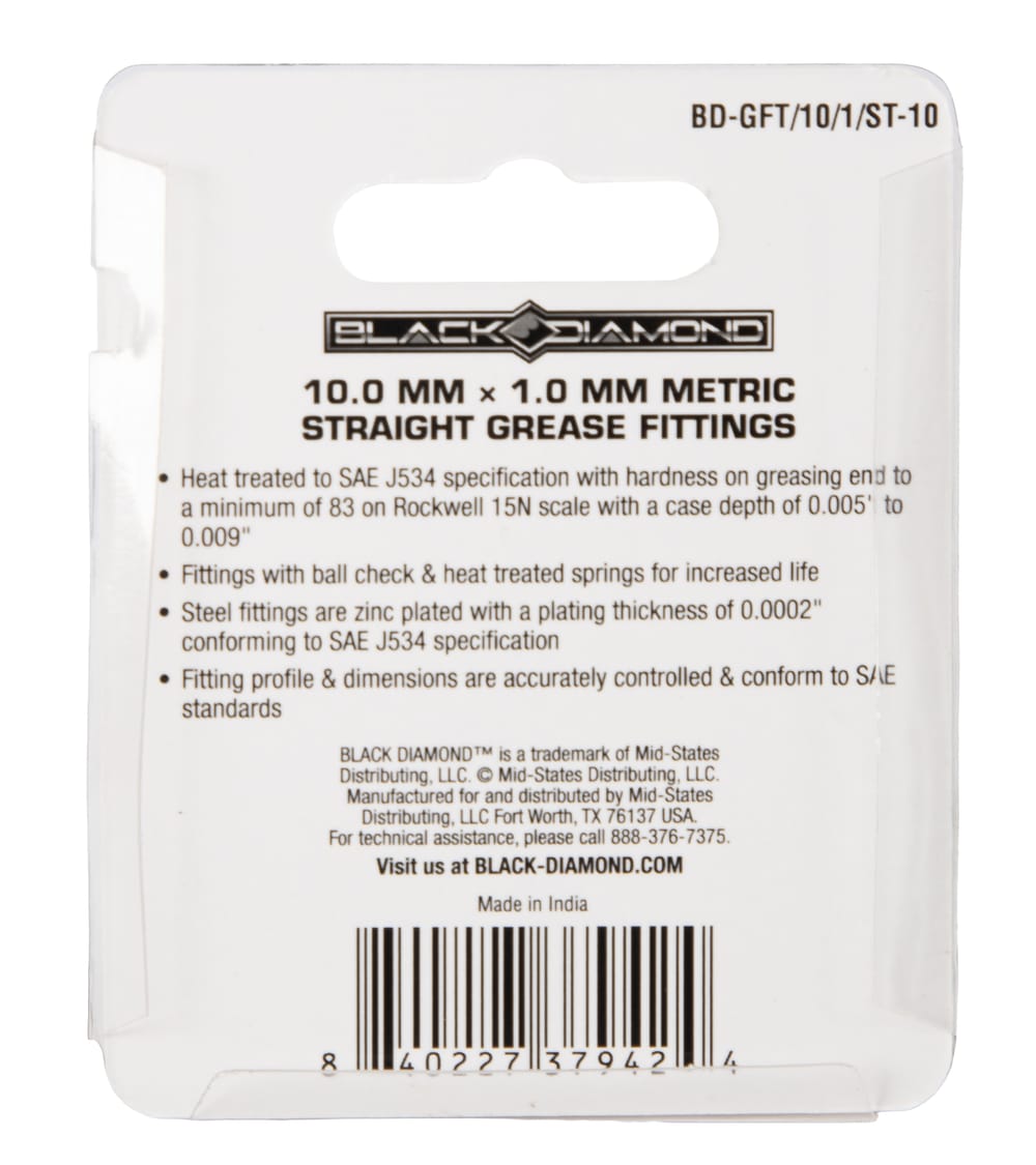 10.0 mm x 1.0 mm Metric Straight Grease Fittings