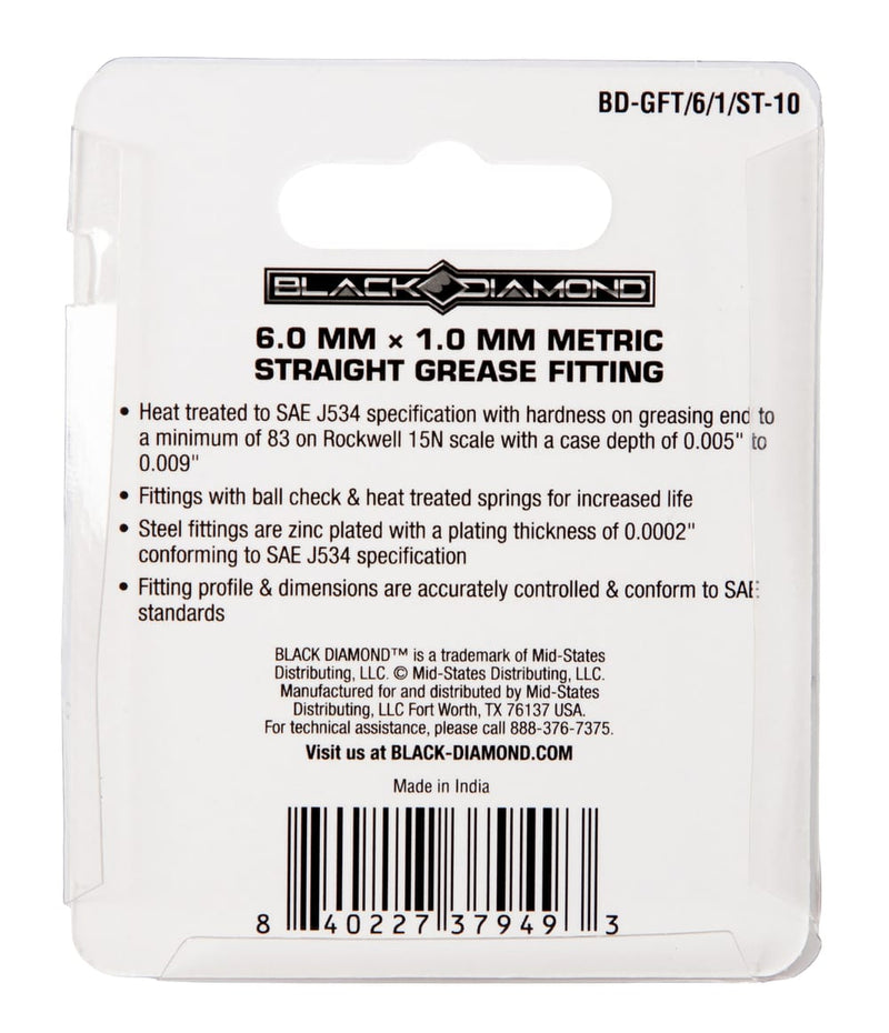 6.0 mm x 1.0 mm Metric Straight Grease Fittings