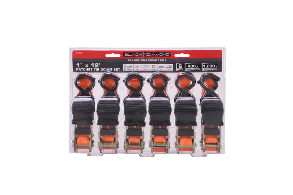 1″ x 12′ Ratchet Tie Down Set - 400 lb. Working Load Limit (6 Pack)