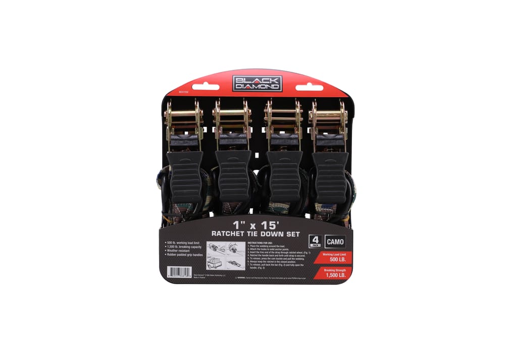 1″ x 15′ Ratchet Tie Down Set - 500 lb. Working Load Limit (4 Pack)