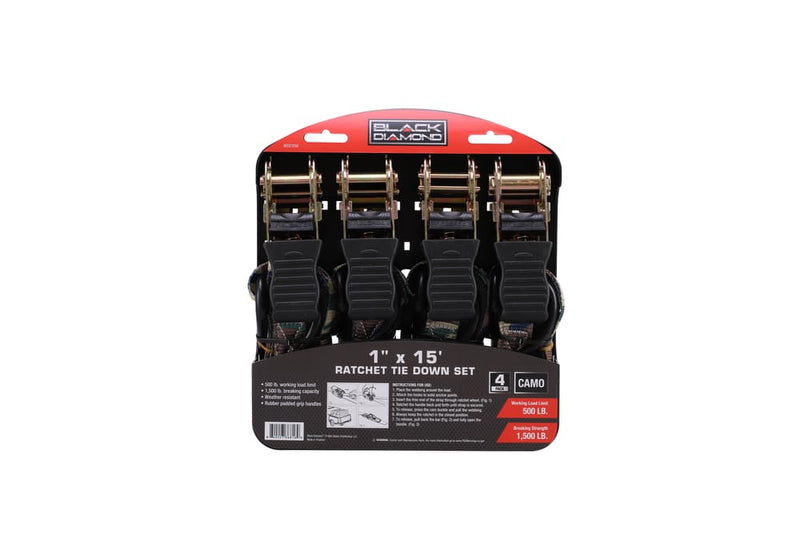 1″ x 15′ Ratchet Tie Down Set - 500 lb. Working Load Limit (4 Pack)