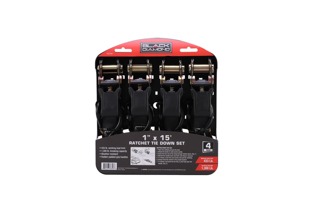 1″ x 15′ Ratchet Tie Down Set - 433 lb. Working Load Limit (4 Pack)