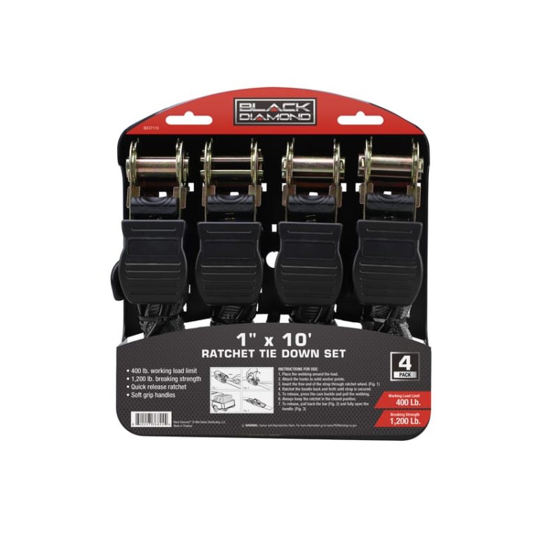1″ x 10′ Ratchet Tie Down Set - 400 lb. Working Load Limit (4 Pack)