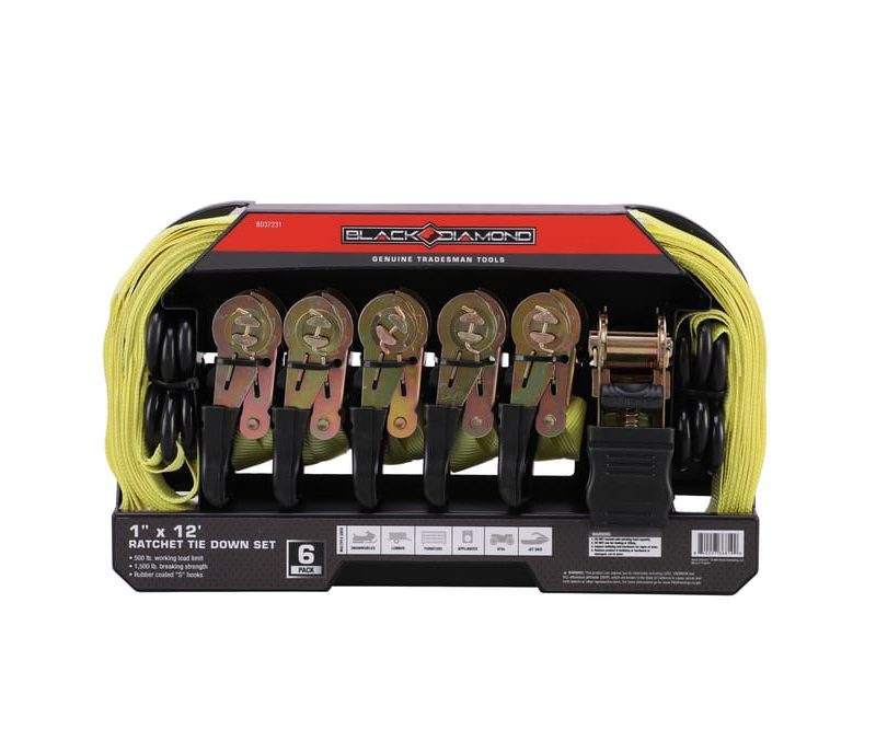 1″ x 12′ Ratchet Tie Down Set - 500 lb. Working Load Limit (6 Pack)