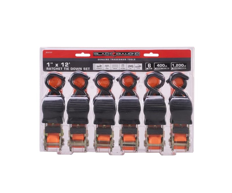 1″ x 12′ Ratchet Tie Down Set - 400 lb. Working Load Limit (6 Pack)