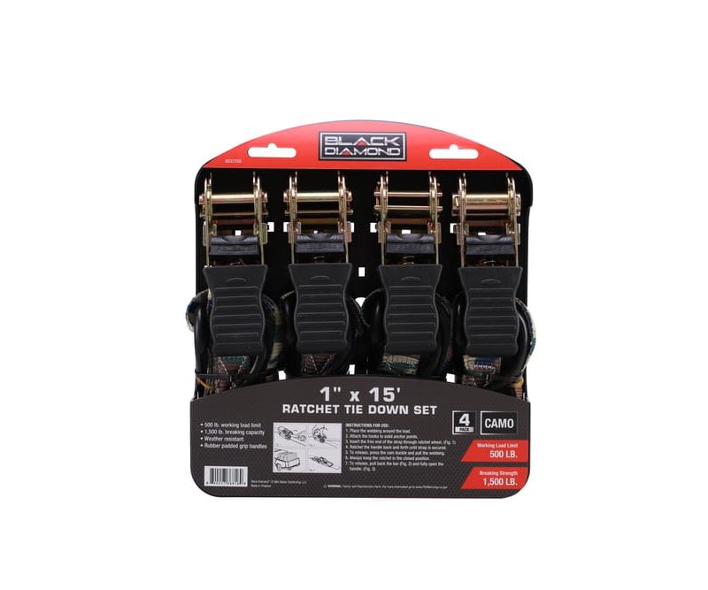 1″ x 15′ Ratchet Tie Down Set - 500 lb. Working Load Limit (4 Pack)
