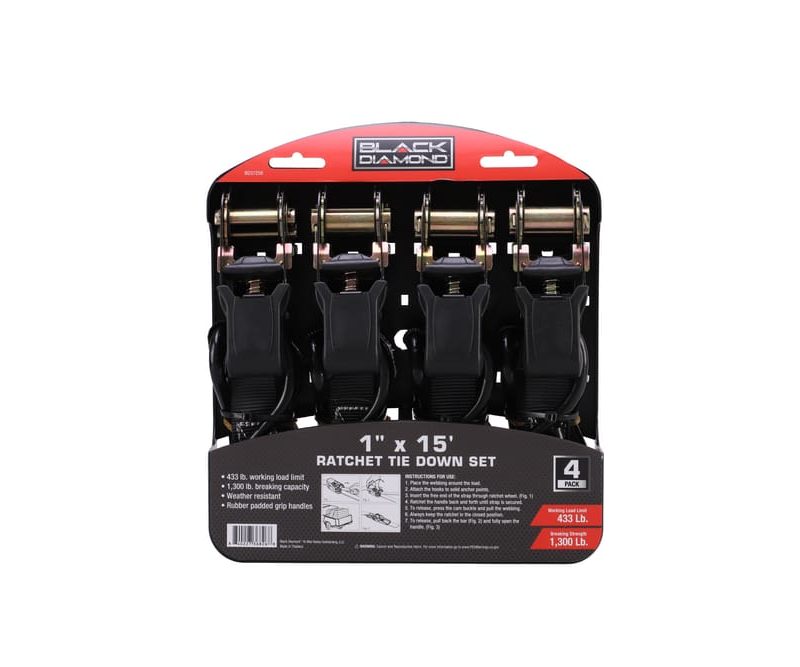 1″ x 15′ Ratchet Tie Down Set - 433 lb. Working Load Limit (4 Pack)